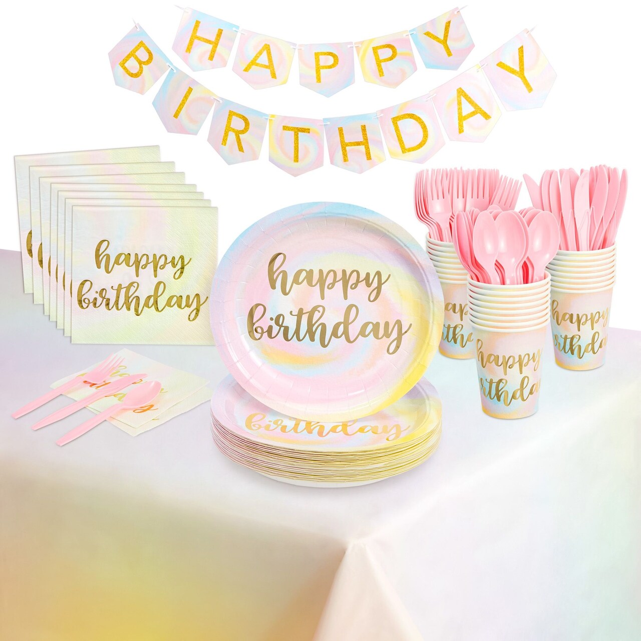 147-Piece Pastel Rainbow Party Decorations, Tie Dye Plates and Napkins Party Supplies Sets with Cups, Tablecloth, Happy Birthday Banner, Napkins, Cutlery (Serves 24)
